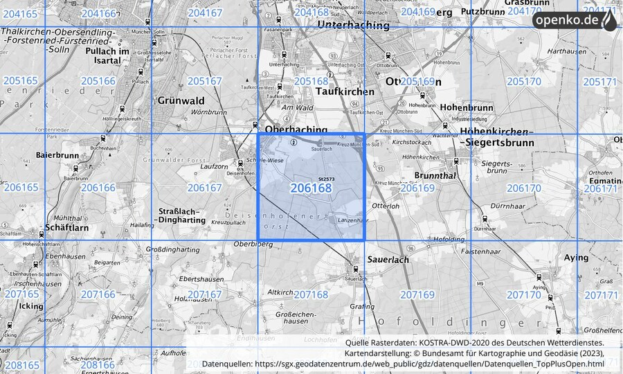 Übersichtskarte des KOSTRA-DWD-2020-Rasterfeldes Nr. 206168