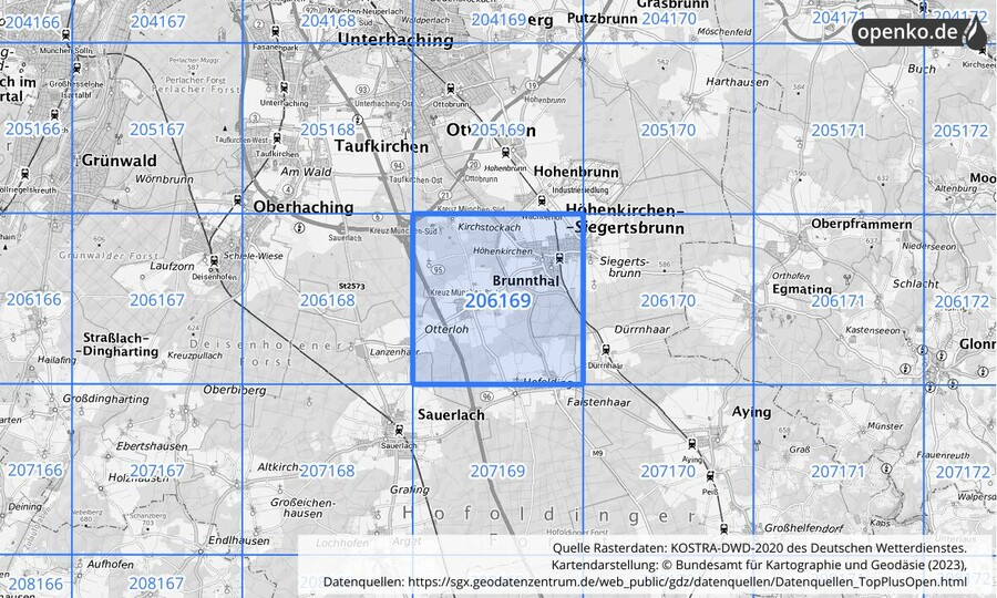 Übersichtskarte des KOSTRA-DWD-2020-Rasterfeldes Nr. 206169