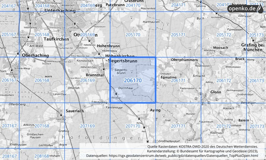 Übersichtskarte des KOSTRA-DWD-2020-Rasterfeldes Nr. 206170