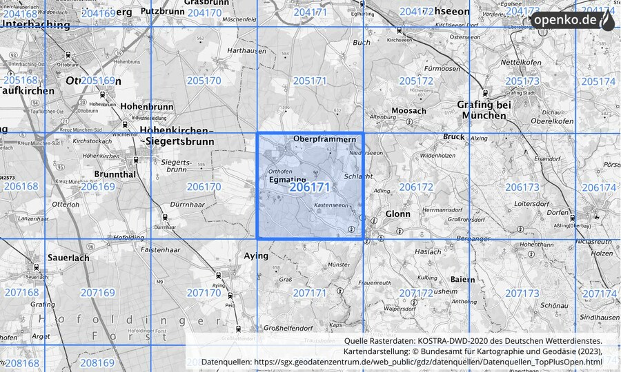 Übersichtskarte des KOSTRA-DWD-2020-Rasterfeldes Nr. 206171