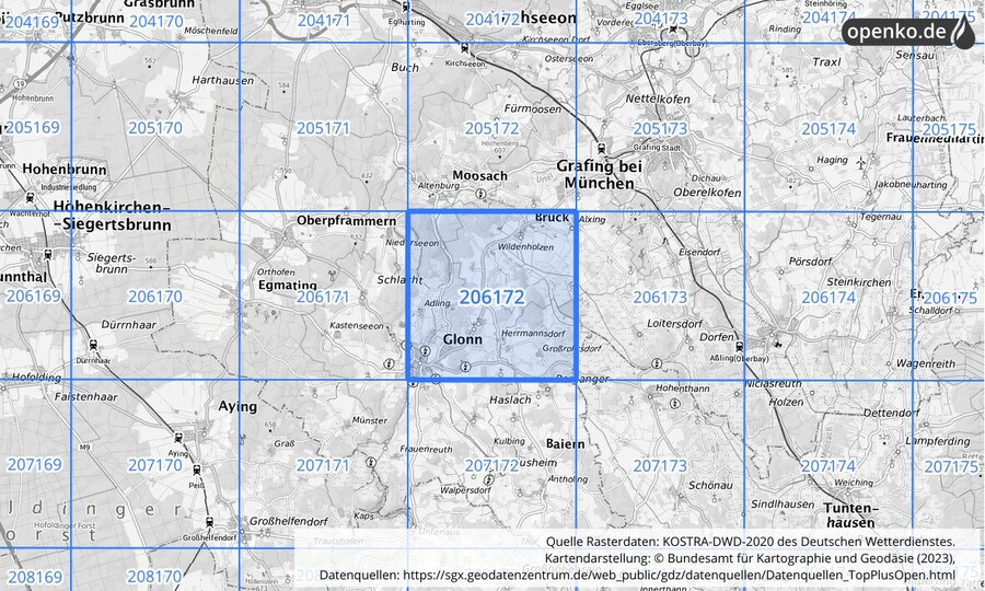Übersichtskarte des KOSTRA-DWD-2020-Rasterfeldes Nr. 206172