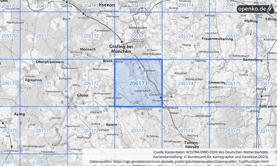 Übersichtskarte des KOSTRA-DWD-2020-Rasterfeldes Nr. 206173