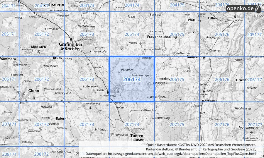 Übersichtskarte des KOSTRA-DWD-2020-Rasterfeldes Nr. 206174