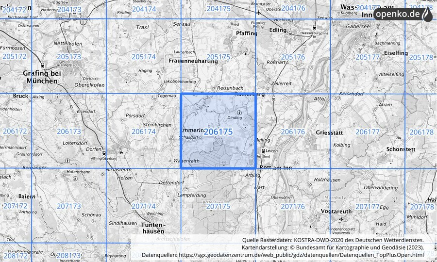 Übersichtskarte des KOSTRA-DWD-2020-Rasterfeldes Nr. 206175