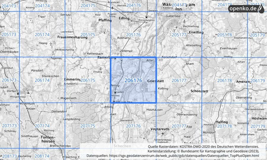 Übersichtskarte des KOSTRA-DWD-2020-Rasterfeldes Nr. 206176