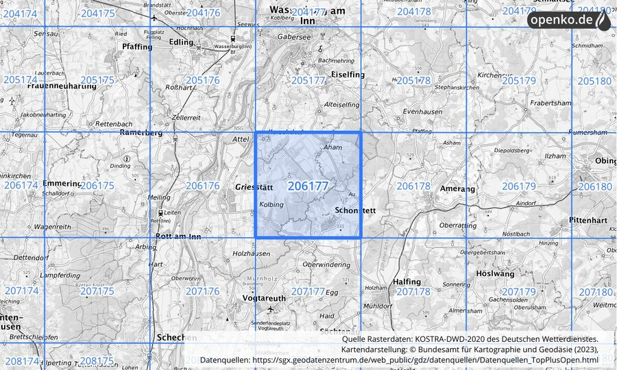 Übersichtskarte des KOSTRA-DWD-2020-Rasterfeldes Nr. 206177