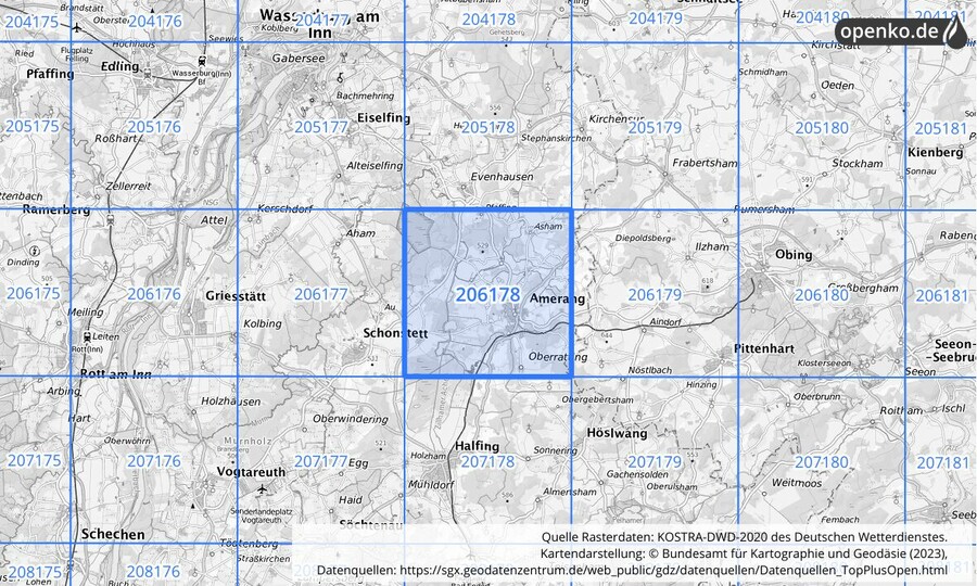 Übersichtskarte des KOSTRA-DWD-2020-Rasterfeldes Nr. 206178