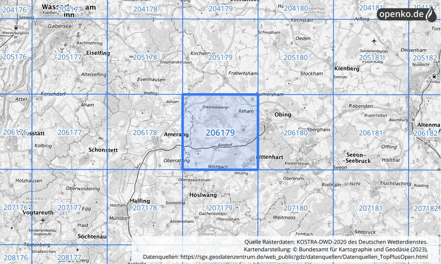 Übersichtskarte des KOSTRA-DWD-2020-Rasterfeldes Nr. 206179