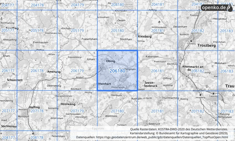 Übersichtskarte des KOSTRA-DWD-2020-Rasterfeldes Nr. 206180