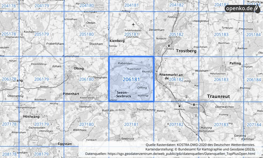 Übersichtskarte des KOSTRA-DWD-2020-Rasterfeldes Nr. 206181