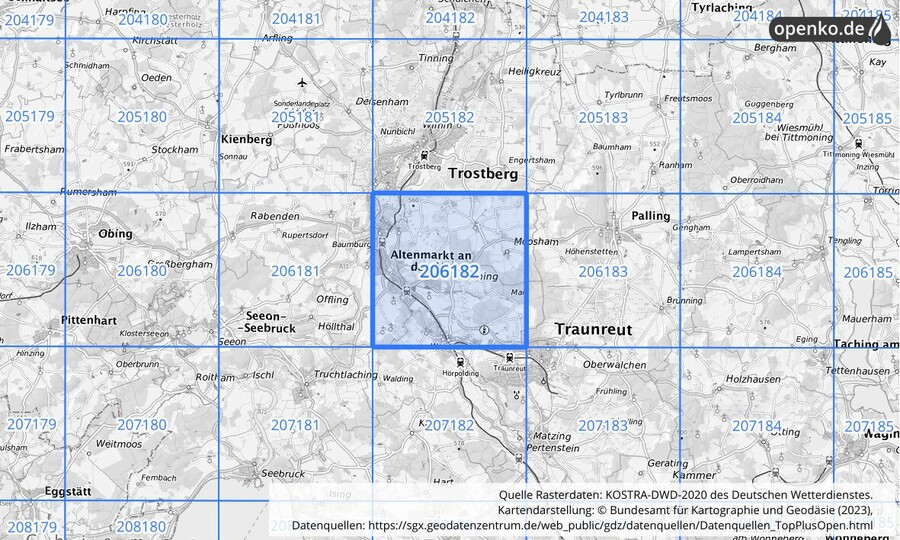 Übersichtskarte des KOSTRA-DWD-2020-Rasterfeldes Nr. 206182