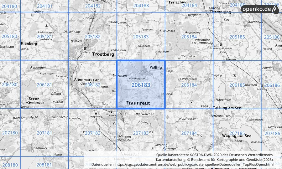 Übersichtskarte des KOSTRA-DWD-2020-Rasterfeldes Nr. 206183