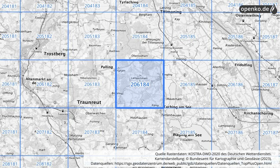 Übersichtskarte des KOSTRA-DWD-2020-Rasterfeldes Nr. 206184