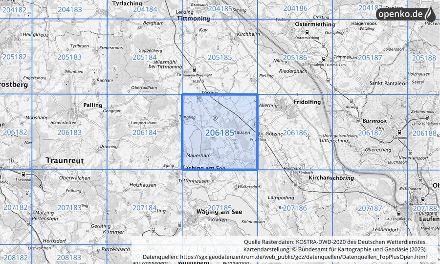 Übersichtskarte des KOSTRA-DWD-2020-Rasterfeldes Nr. 206185