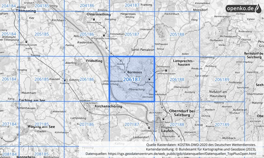 Übersichtskarte des KOSTRA-DWD-2020-Rasterfeldes Nr. 206187