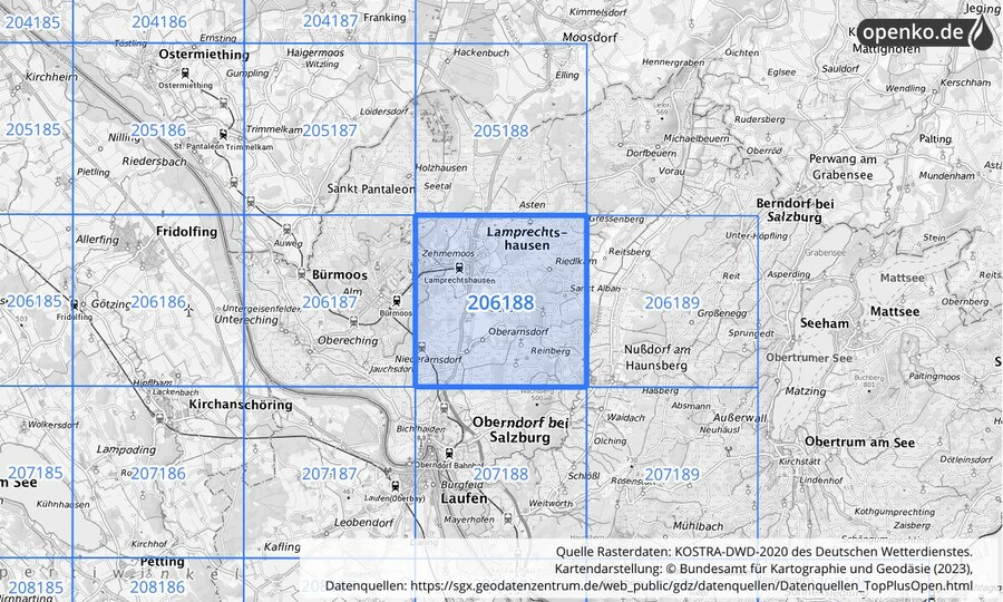 Übersichtskarte des KOSTRA-DWD-2020-Rasterfeldes Nr. 206188