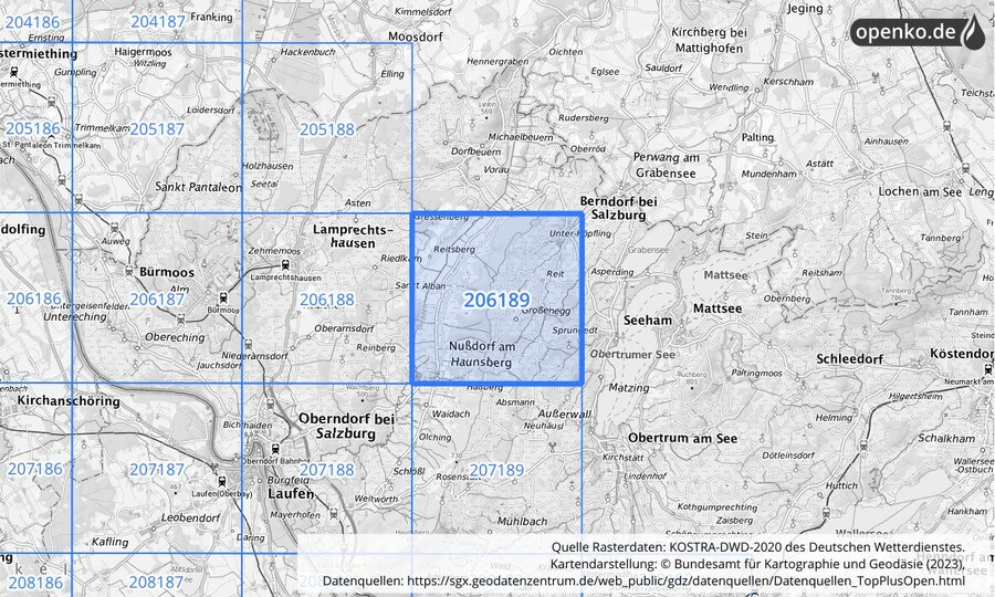 Übersichtskarte des KOSTRA-DWD-2020-Rasterfeldes Nr. 206189