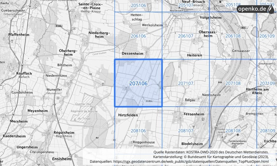 Übersichtskarte des KOSTRA-DWD-2020-Rasterfeldes Nr. 207106