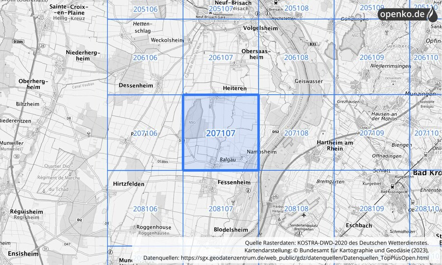 Übersichtskarte des KOSTRA-DWD-2020-Rasterfeldes Nr. 207107