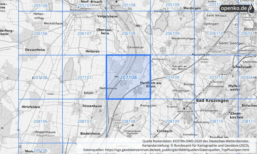 Übersichtskarte des KOSTRA-DWD-2020-Rasterfeldes Nr. 207108