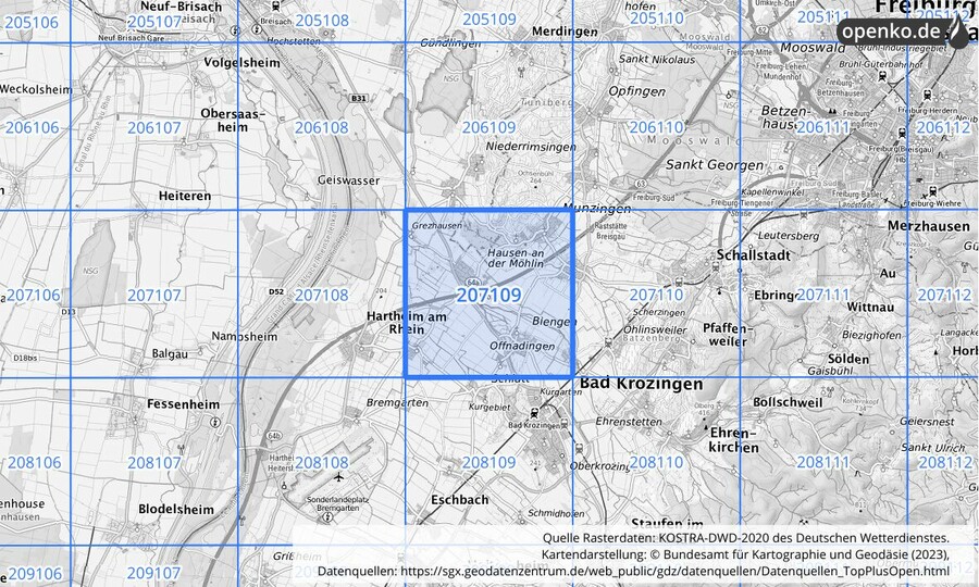 Übersichtskarte des KOSTRA-DWD-2020-Rasterfeldes Nr. 207109