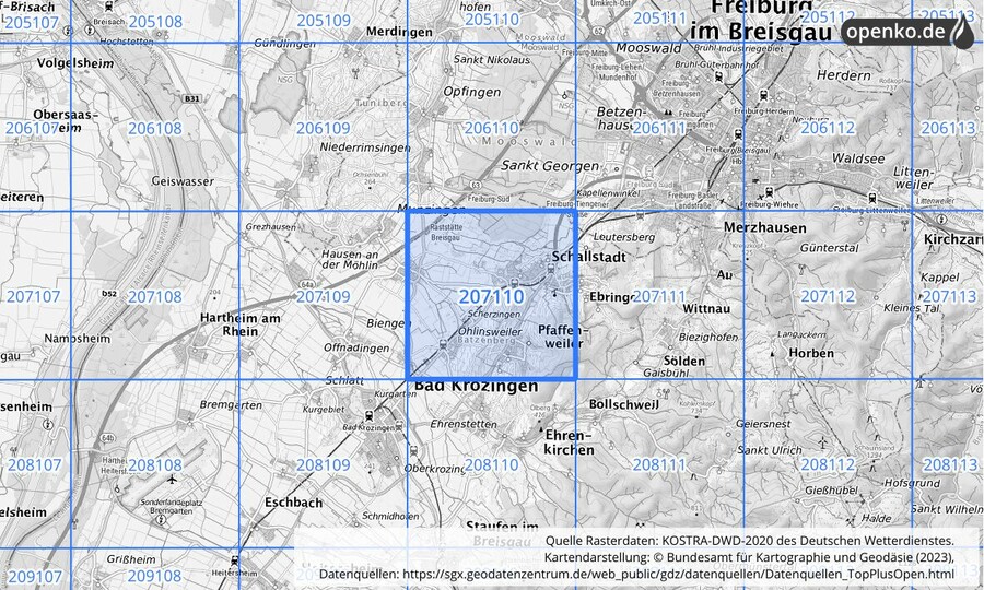 Übersichtskarte des KOSTRA-DWD-2020-Rasterfeldes Nr. 207110