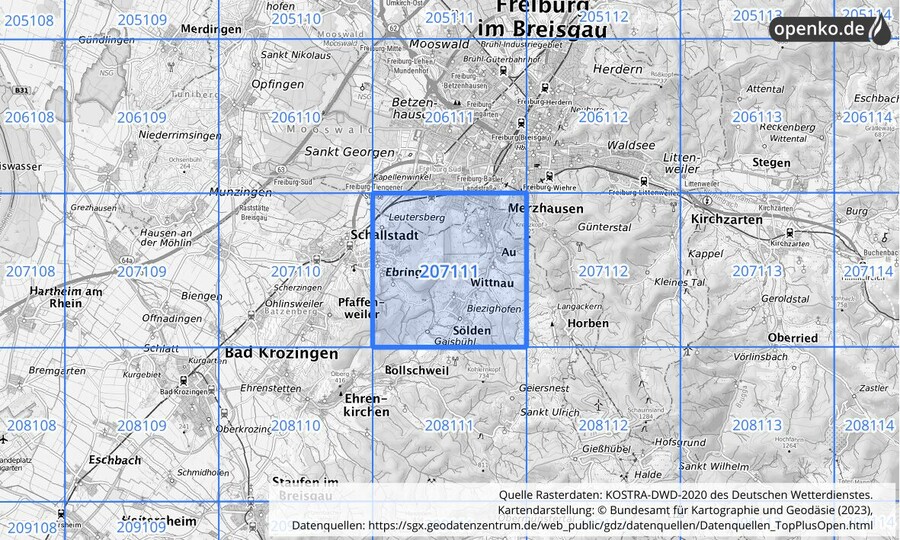 Übersichtskarte des KOSTRA-DWD-2020-Rasterfeldes Nr. 207111