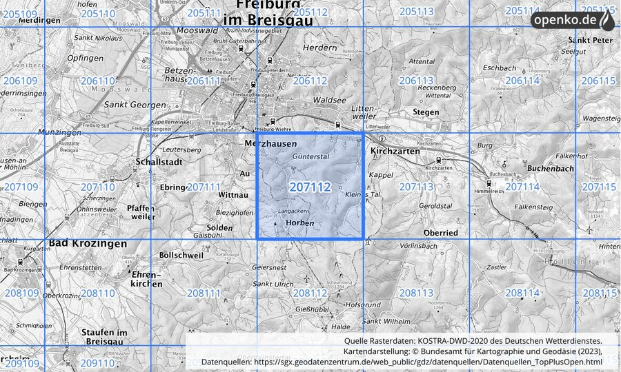 Übersichtskarte des KOSTRA-DWD-2020-Rasterfeldes Nr. 207112