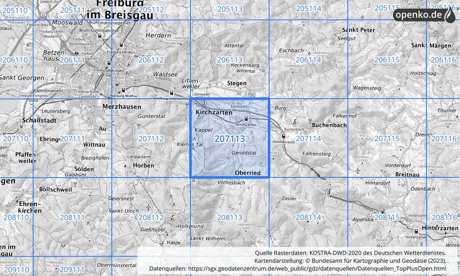 Übersichtskarte des KOSTRA-DWD-2020-Rasterfeldes Nr. 207113