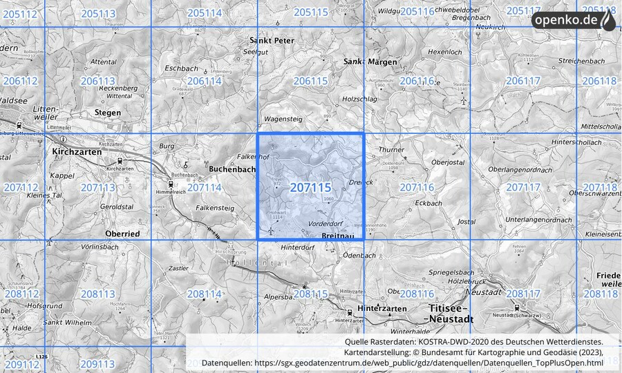 Übersichtskarte des KOSTRA-DWD-2020-Rasterfeldes Nr. 207115