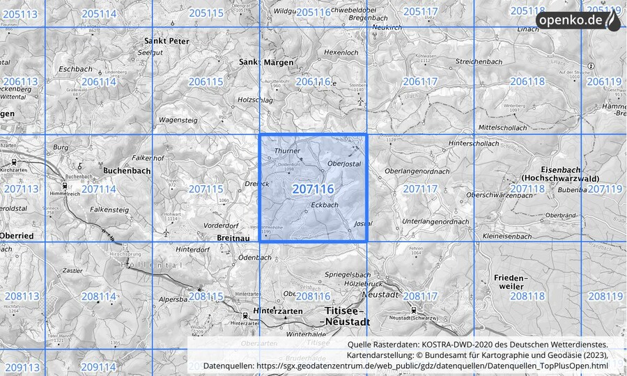 Übersichtskarte des KOSTRA-DWD-2020-Rasterfeldes Nr. 207116