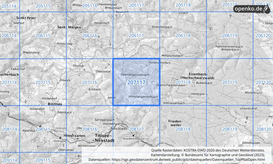 Übersichtskarte des KOSTRA-DWD-2020-Rasterfeldes Nr. 207117