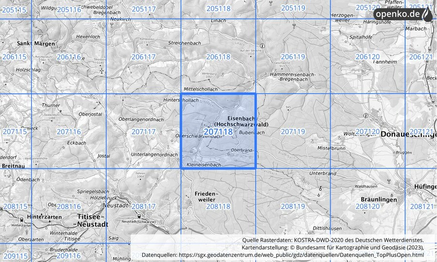 Übersichtskarte des KOSTRA-DWD-2020-Rasterfeldes Nr. 207118