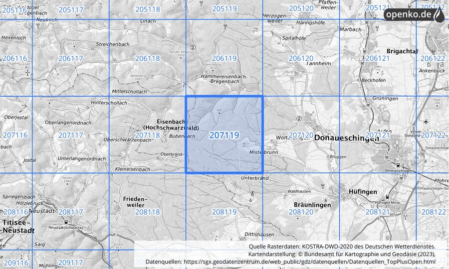 Übersichtskarte des KOSTRA-DWD-2020-Rasterfeldes Nr. 207119