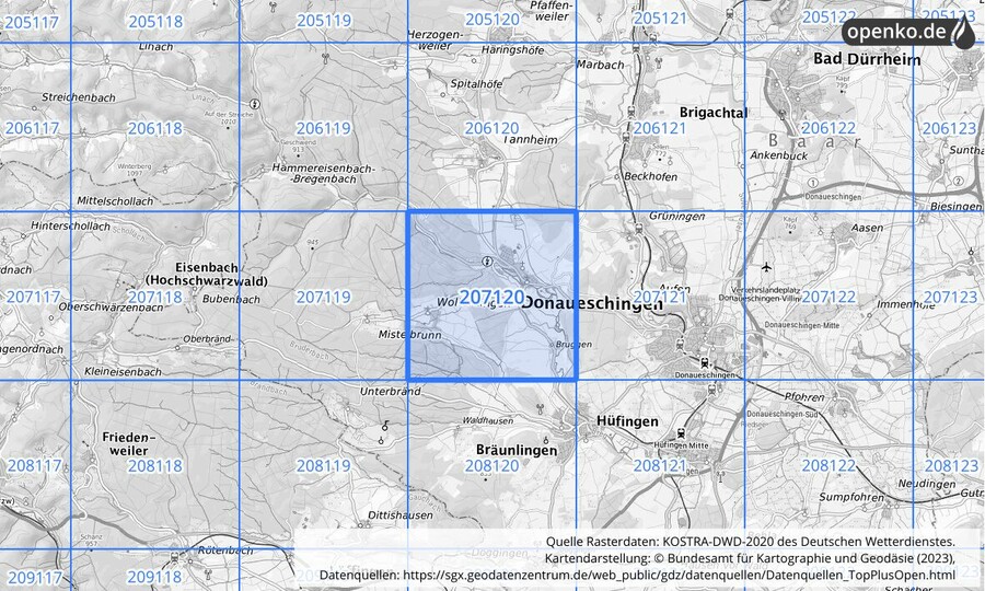 Übersichtskarte des KOSTRA-DWD-2020-Rasterfeldes Nr. 207120