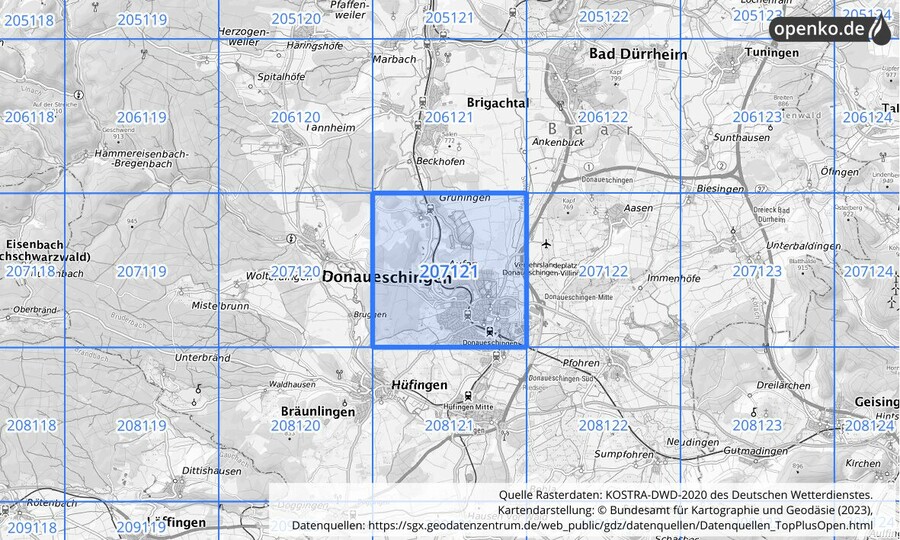 Übersichtskarte des KOSTRA-DWD-2020-Rasterfeldes Nr. 207121