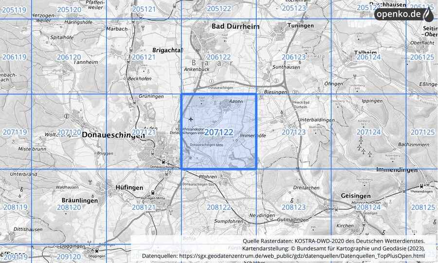 Übersichtskarte des KOSTRA-DWD-2020-Rasterfeldes Nr. 207122