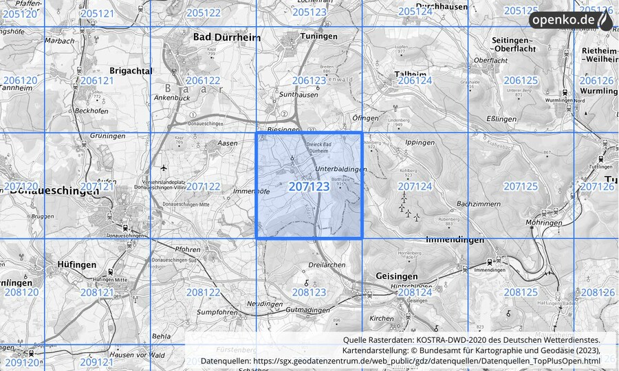 Übersichtskarte des KOSTRA-DWD-2020-Rasterfeldes Nr. 207123