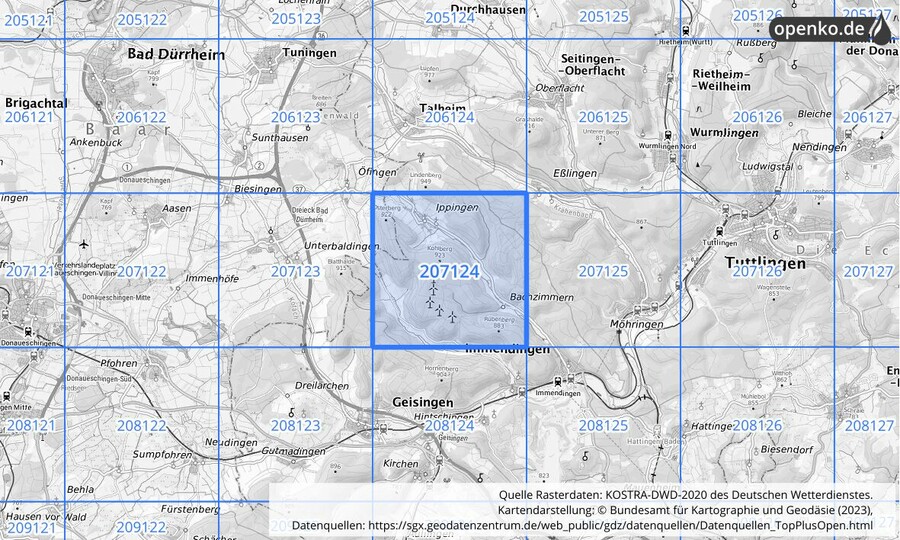 Übersichtskarte des KOSTRA-DWD-2020-Rasterfeldes Nr. 207124