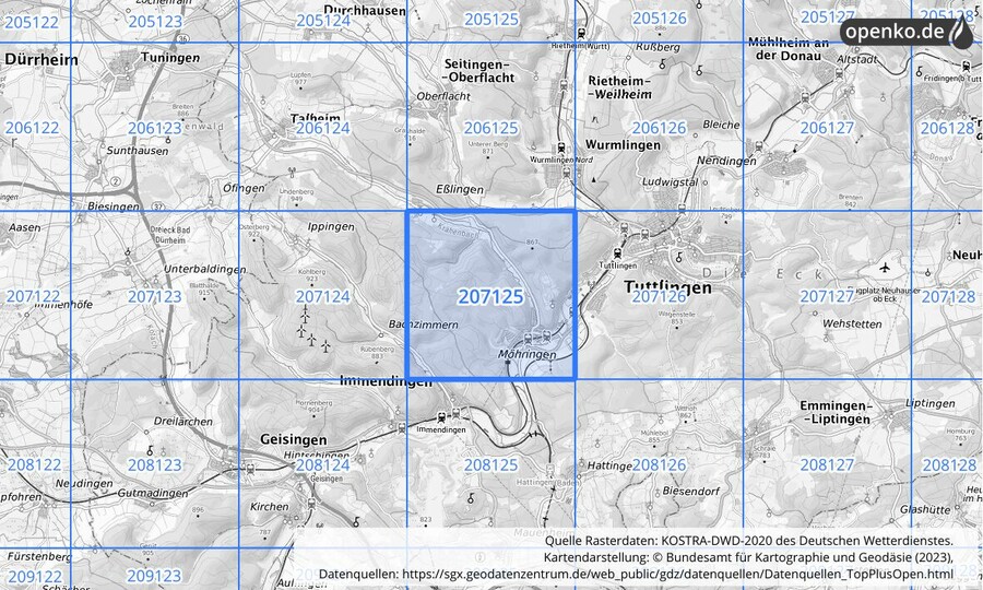 Übersichtskarte des KOSTRA-DWD-2020-Rasterfeldes Nr. 207125