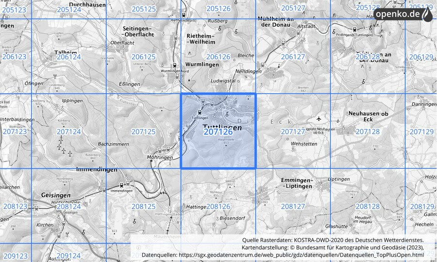 Übersichtskarte des KOSTRA-DWD-2020-Rasterfeldes Nr. 207126