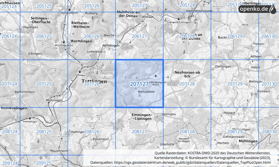 Übersichtskarte des KOSTRA-DWD-2020-Rasterfeldes Nr. 207127