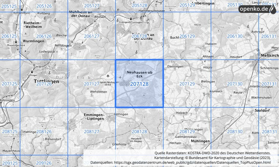 Übersichtskarte des KOSTRA-DWD-2020-Rasterfeldes Nr. 207128