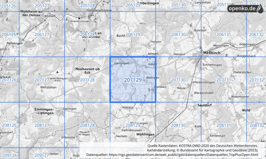 Übersichtskarte des KOSTRA-DWD-2020-Rasterfeldes Nr. 207129