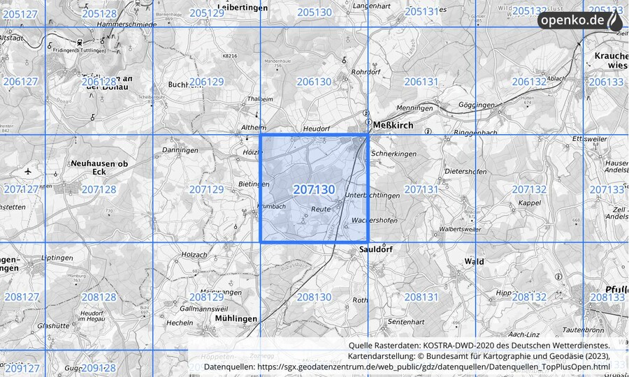 Übersichtskarte des KOSTRA-DWD-2020-Rasterfeldes Nr. 207130