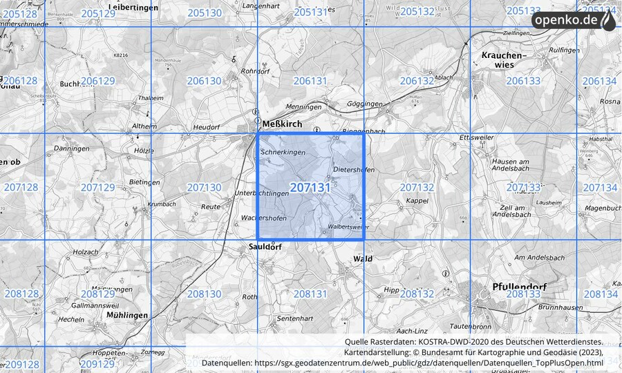 Übersichtskarte des KOSTRA-DWD-2020-Rasterfeldes Nr. 207131