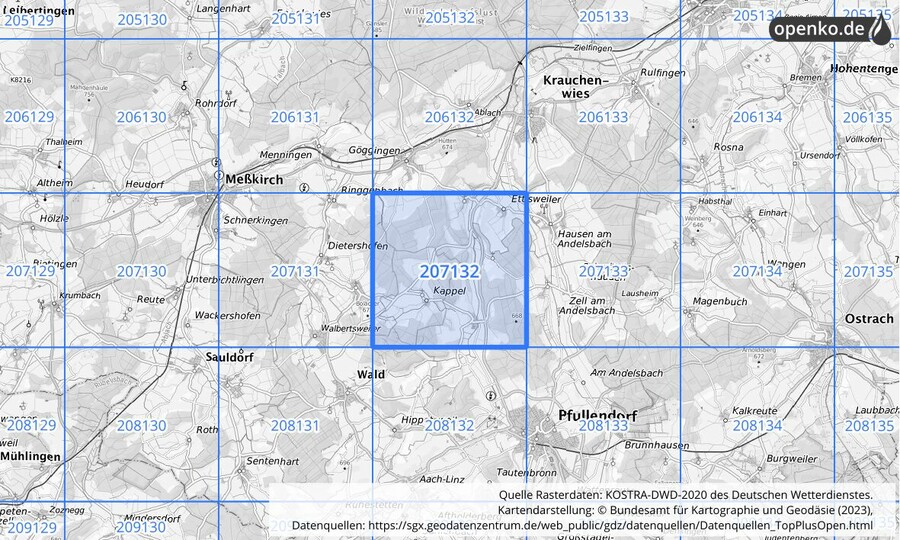 Übersichtskarte des KOSTRA-DWD-2020-Rasterfeldes Nr. 207132