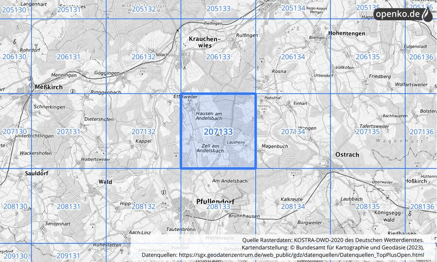 Übersichtskarte des KOSTRA-DWD-2020-Rasterfeldes Nr. 207133