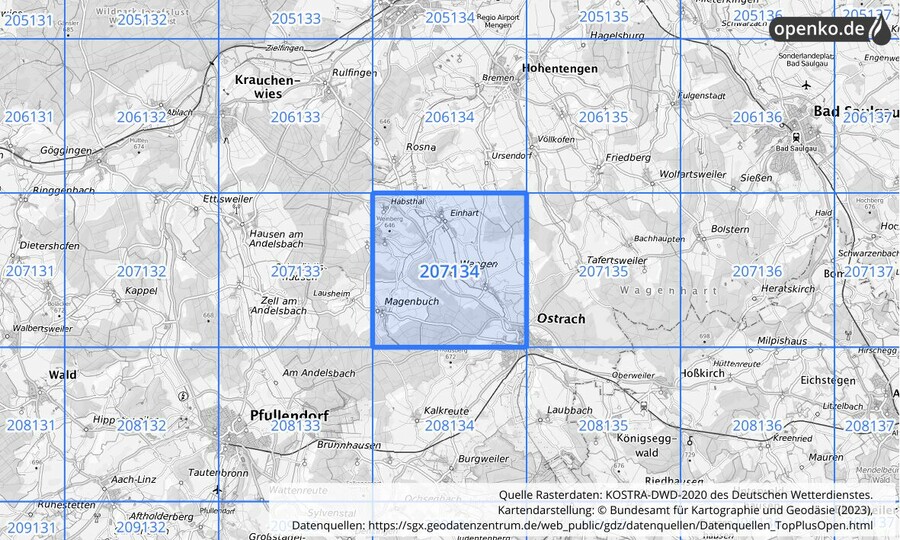 Übersichtskarte des KOSTRA-DWD-2020-Rasterfeldes Nr. 207134