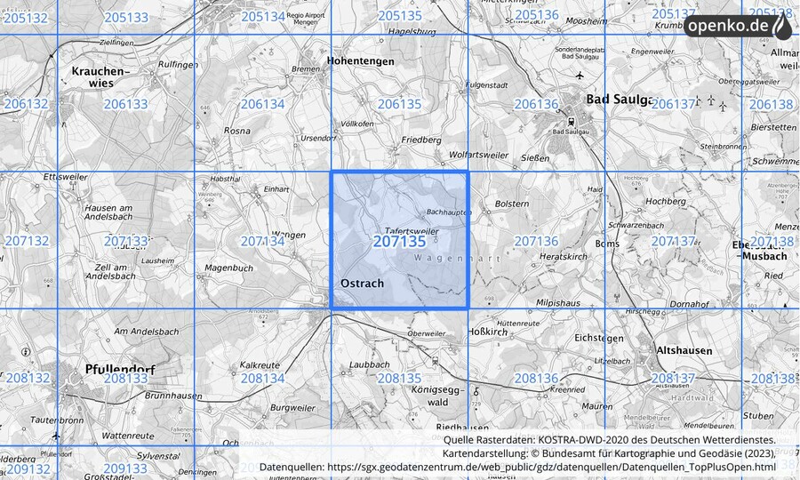 Übersichtskarte des KOSTRA-DWD-2020-Rasterfeldes Nr. 207135
